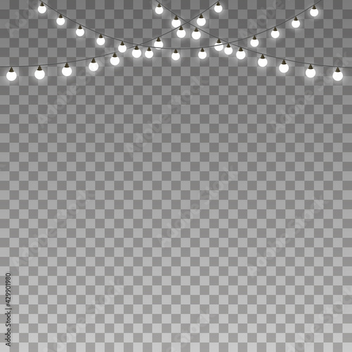 Isolated Christmas Glowing Light Bulb on Transparent Background, Garlands decorations.