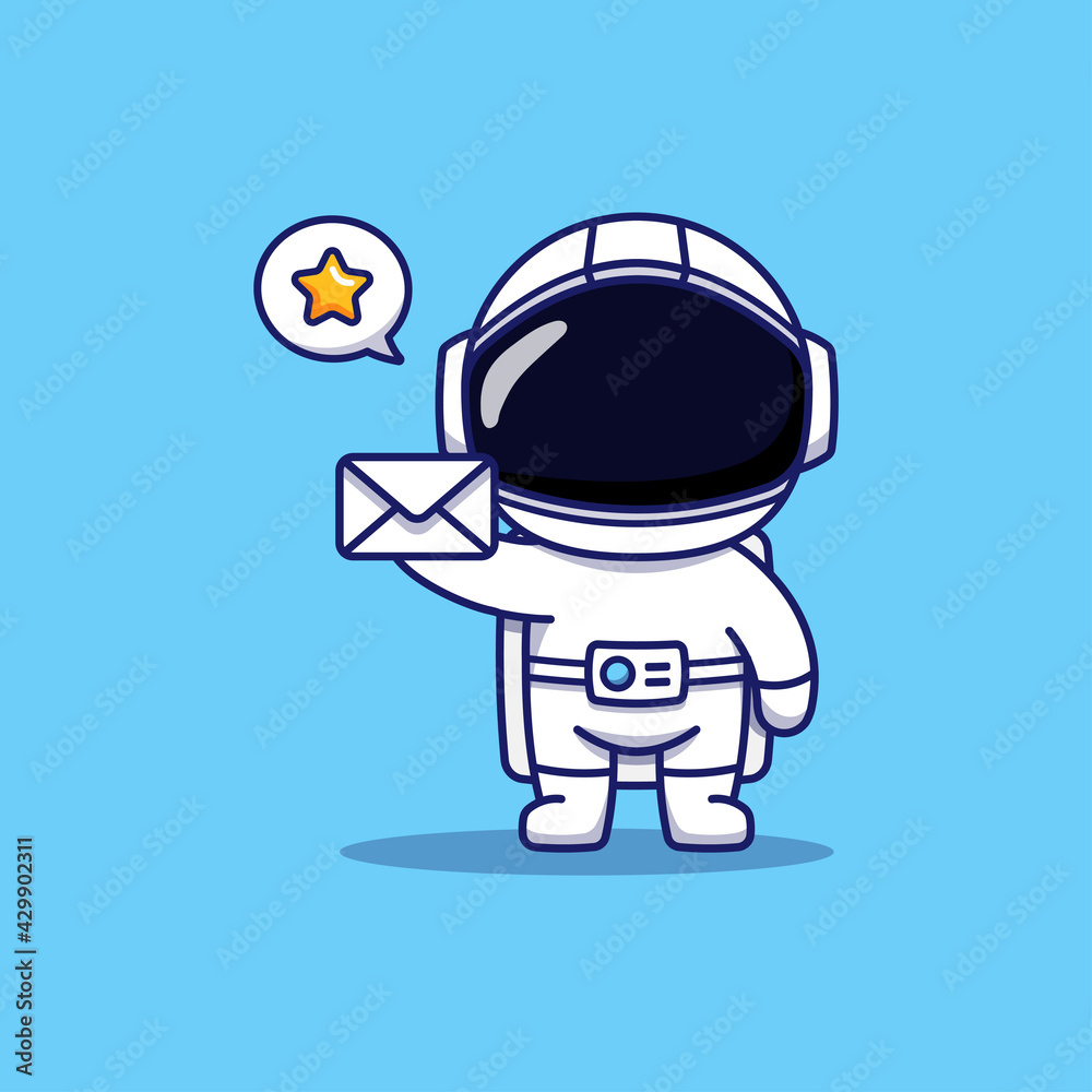 Cute happy astronaut carrying letter