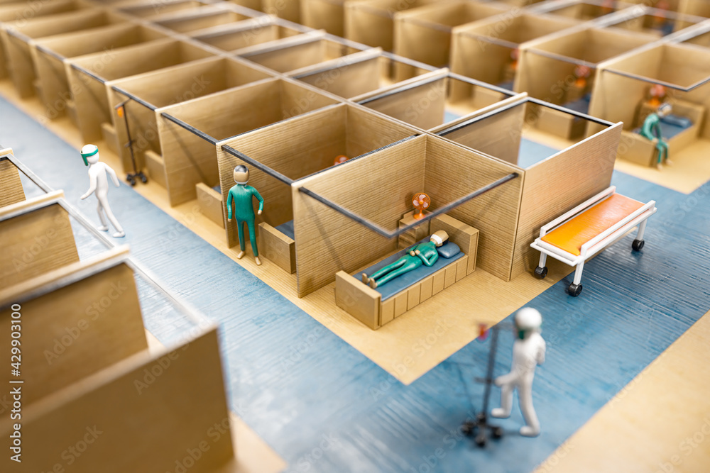 Fototapeta premium 3d rendering cardboard paper art style concept of an emergency field hospital to receive the coronavirus covid-19 infected.
