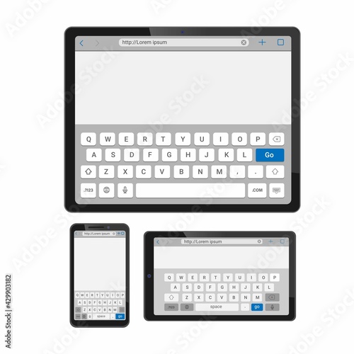 Smartphone and tablet touch keyboard keypad typing browser interface template mockup realistic illustration vector
