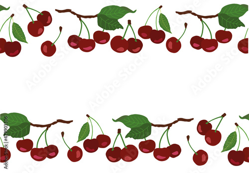 seamless border with red cherries, cherry isolated on white. Vector illustration. Background design for juice, tea, bakery with berry filling, farmers market, grocery, health care products. 