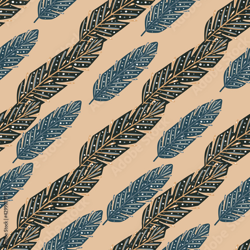 Blue colored ethnic feather elements seamless pattern. Light beige background. Hand drawn style. photo