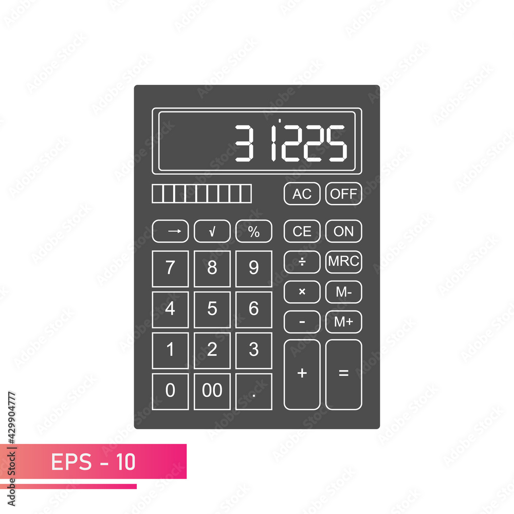 A modern digital calculator with symbols on the keys. Solid design. On a white background. Equipment for office employees and cashiers. Flat vector illustration. A modern digital calculator with symbols on the keys. Solid design. On a white background. Equipment for office employees and cashiers. Flat vector illustration.
