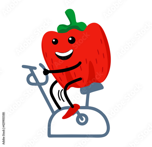 Sports pepper character on a stationary bike. Cute healthy vegetable and funny sportsman. Happy food. vegetarian vitamin diet and fitness concept. Healthy lifestyle illustration.