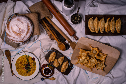 locro empanada sweet pastry and homemade bread aerial view typical and traditional Argentine food homeland