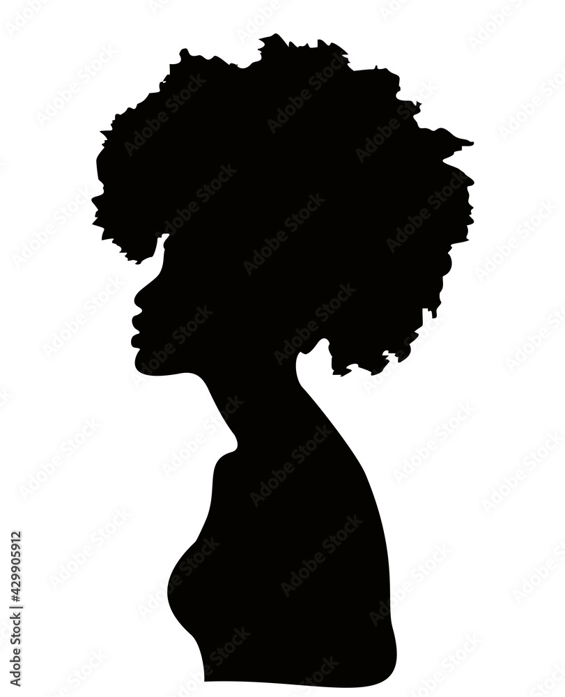 Portrait of African women, dark skin female face with afro hair. Vector isolated on white background, curly afro hair style concept. African American silhouette.