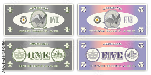 Fictional paper money of Australia. Obverse and reverse of 1 and 5 dollar banknotes. Cartoon kangaroo in an oval, a coat of arms from thin lines and ribbon