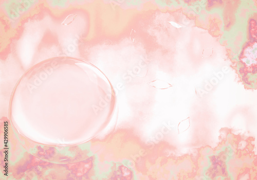 抽象的な水彩の雲の中に浮かぶ透明な3Dの球と葉の背景イラスト
