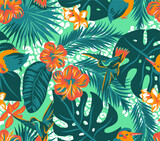 Tropical birds with palm leaves and monstera deliciosa and Hibiscus and frangipani flowers. Leopard background textile pattern.