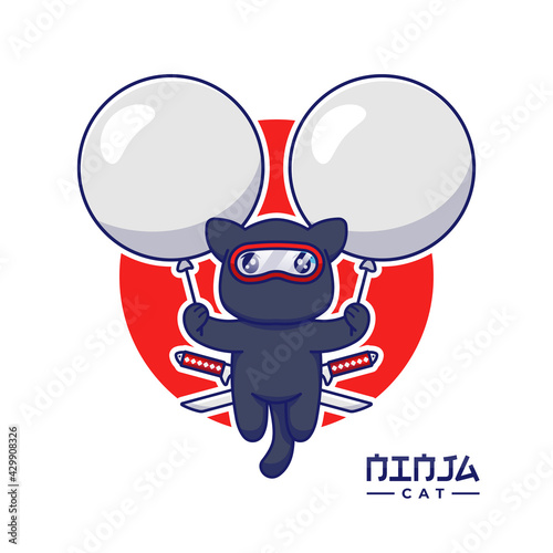 Cute ninja cat floating with balloons