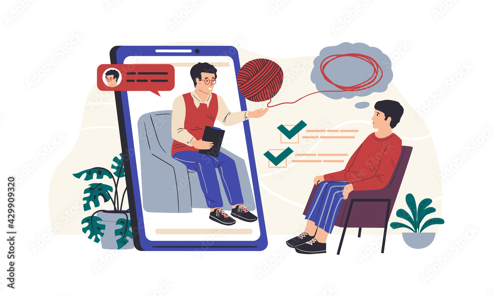 Online therapy. Psychologist counseling. Psychology therapist support. Psychotherapist communication with patient using smartphone. Mental help and stress treatment. Vector consultation