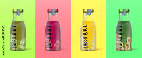 Realistic juice bottle. 3D packaging for detox beverages. Fruit and berry or avocado drinks set advertising. Row of closed plastic containers for branding. Vector natural food products