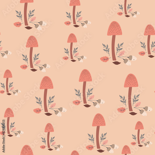 Seamless pattern, drawing of a forest mushrooms, plants, toadstool, brown, blue color, design on beige background. Vector illustration, botanical elements, style of minimalist, hand drawn.