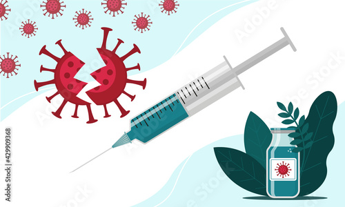 Defeated coronavirus, vaccine bottle and syringe. COVID vaccination concept horizontal banner. Flat vector illustration.