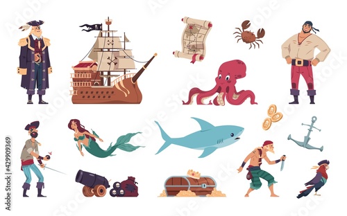 Pirates set. Cartoon crew of filibusters and captain on sailing ship. Mermaid swimming with marine animals. Treasure map and chest full of gold coins. Vector sea robbers collection