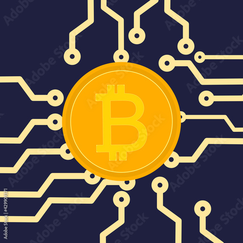 Bitcoins with circuit designs, ideas, Bitcoin coins and technology, Online money exchange, Cryptocurrency exchange ideas. Vector illustration
