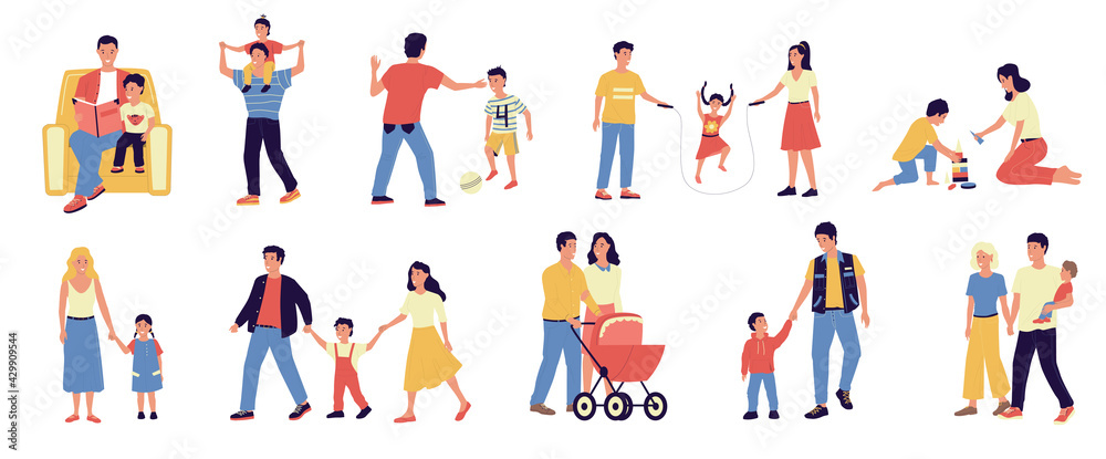 Parents and kids. People walking with happy children. Isolated family scenes set. Mother and father spend time with babies. Dad plays active games. Vector mom and teenager holding hands