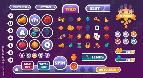 Gambling UI elements. Slots gameplay cartoon graphic kit with casino icons. Colorful online game interface progress bars and buttons mockup. Panels design or menu headers, vector set