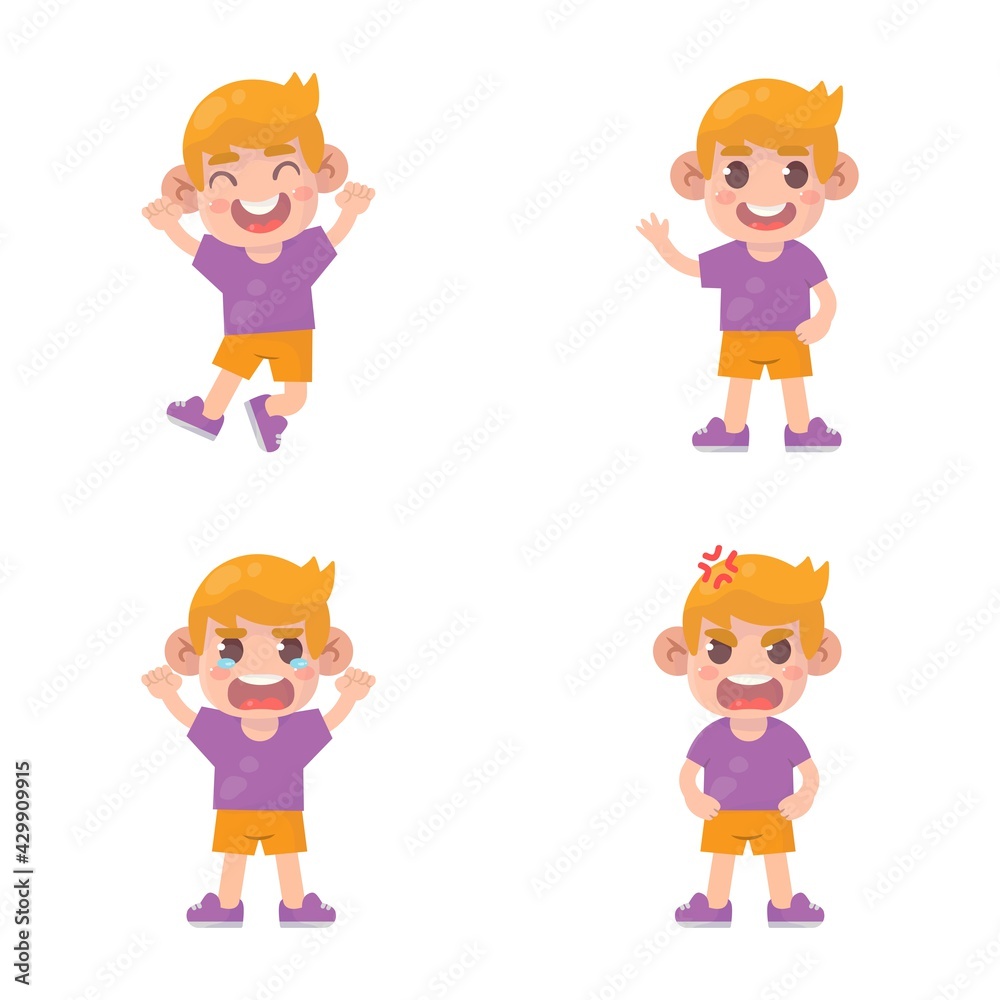 set of happy kids cute boy character with many gesture expressions .
