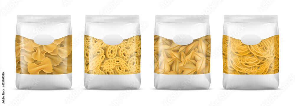 Vettoriale Stock Pasta package. Realistic spaghetti or noodle bag mockup.  Blank macaroni plastic 3D packaging set for branding. Italian food  template. Container with copy space. Vector flour products