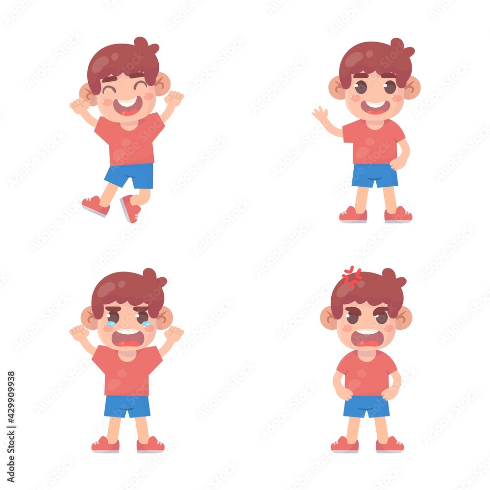 set of happy kids cute boy character with many gesture expressions .
