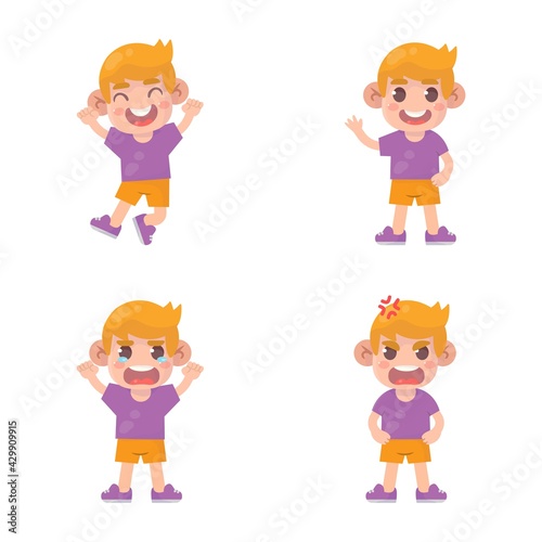 set of happy kids cute boy character with many gesture expressions . 