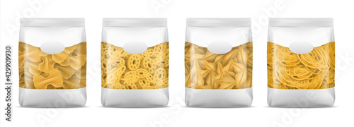 Pasta package. Realistic spaghetti or noodle bag mockup. Blank macaroni plastic 3D packaging set for branding. Italian food template. Container with copy space. Vector flour products photo