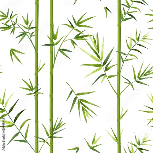 Fototapeta Naklejka Na Ścianę i Meble -  Bamboo pattern. Japanese seamless texture with vertical tree trunks and leaves. Chinese wallpaper template or decorative oriental textile. Vector Asian green plants background mockup