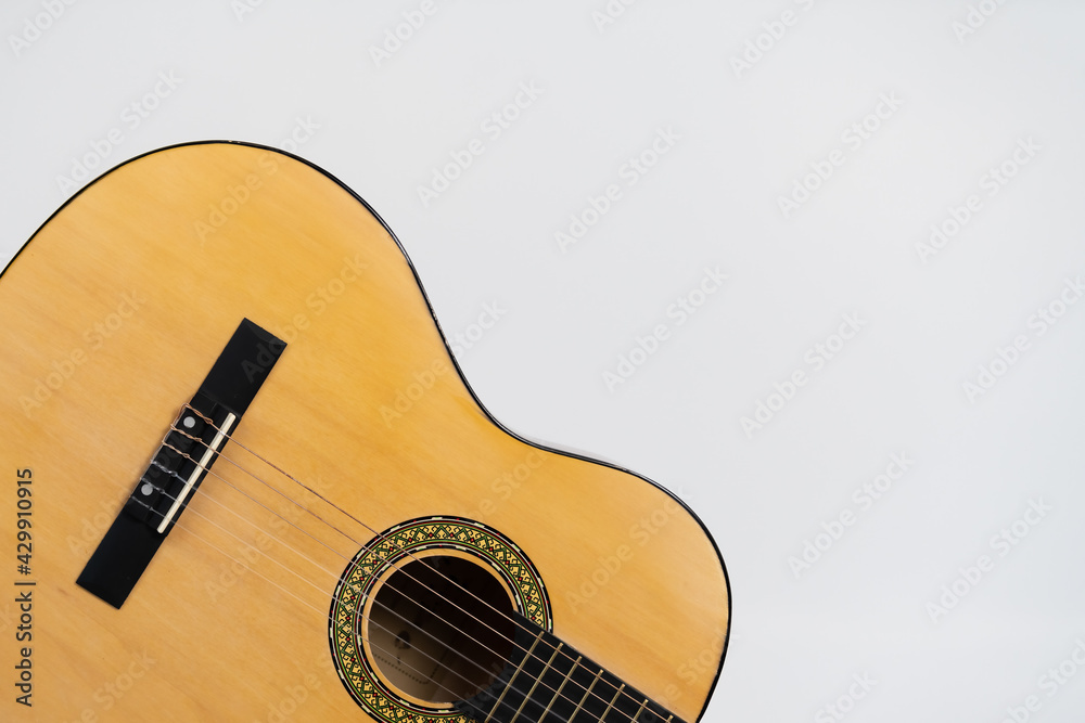 Acoustic classic guitar isolated on white background copy space for text - obrazy, fototapety, plakaty 