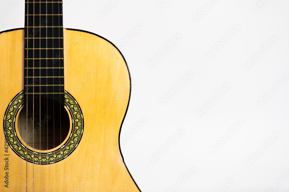 Acoustic guitar isolated on white background copy space for text