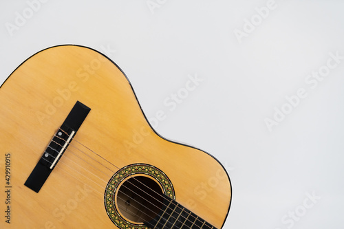 Acoustic classic guitar isolated on white background copy space for text