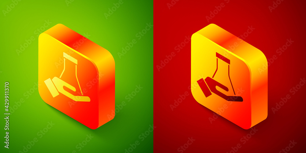 Isometric Test tube and flask chemical laboratory test icon isolated on green and red background. Laboratory glassware sign. Square button. Vector Isometric Test tube and flask chemical laboratory test icon isolated on green and red background. Laboratory glassware sign. Square button. Vector