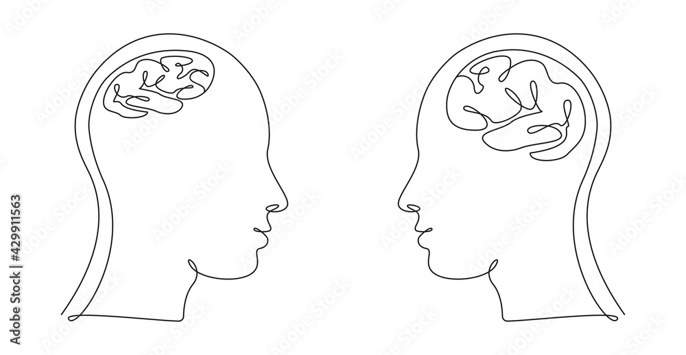 Two Human heads with big and small brains in one line art style. Continuous drawing illustration. Abstract linear Vector for medicine flyer, banner, brochure, poster