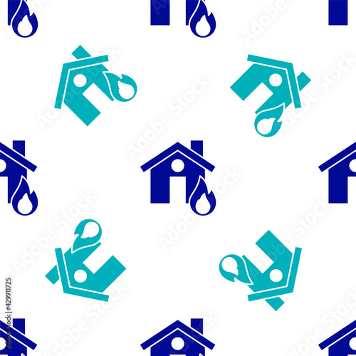 Blue Fire in burning house icon isolated seamless pattern on white background. Vector