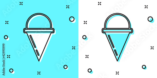 Black line Fire cone bucket icon isolated on green and white background. Metal cone bucket empty or with water for fire fighting. Random dynamic shapes. Vector