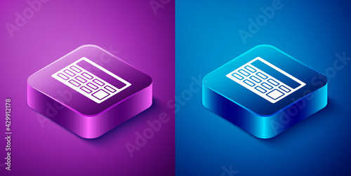 Isometric Calculator icon isolated on blue and purple background. Accounting symbol. Business calculations mathematics education and finance. Square button. Vector