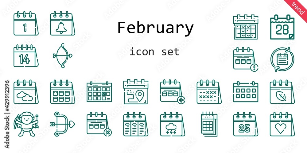 february icon set. line icon style. february related icons such as calendar, cupid, valentines day, february icon set. line icon style. february related icons such as calendar, cupid, valentines day,