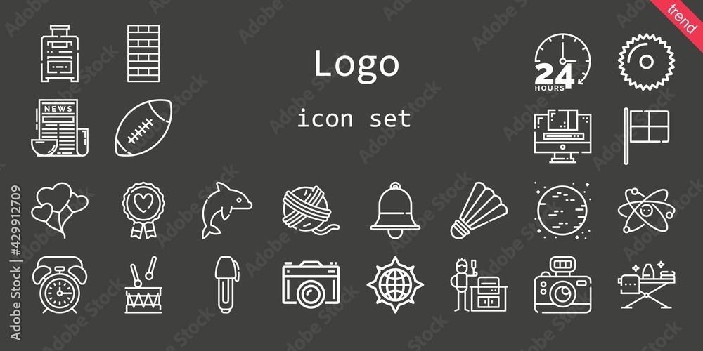 logo icon set. line icon style. logo related icons such as alarm clock, news, dolphin, chimney, racing, suitcase, american football, balloons, saw, badminton, drum, graphic design, favourite