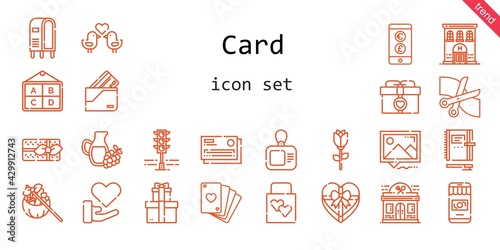 card icon set. line icon style. card related icons such as gift, love, wallet, wedding gift, poker, restaurant, picture, scissors, money, love birds, hotel, rose, letterbox