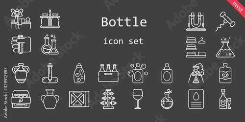 bottle icon set. line icon style. bottle related icons such as sun lotion, wine glass, test tube, dumbbell, vase, perfume, detergent, laundry, corkscrew, pipette, milk jar, flask, massage, cabinet