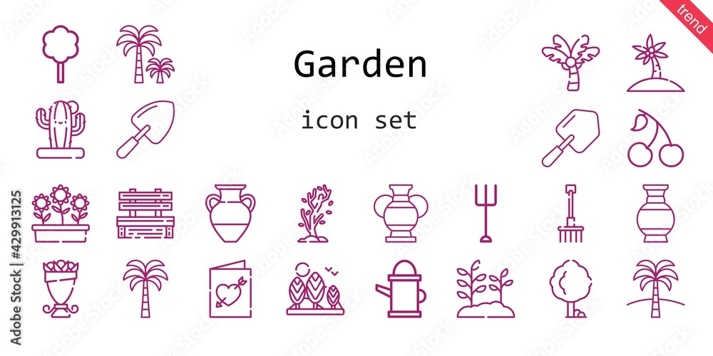 garden icon set. line icon style. garden related icons such as cherry, flowers, bench, tree, shovel, bouquet, vase, palm tree, plant, cactus, garden, rake, watering can, wedding invitation,