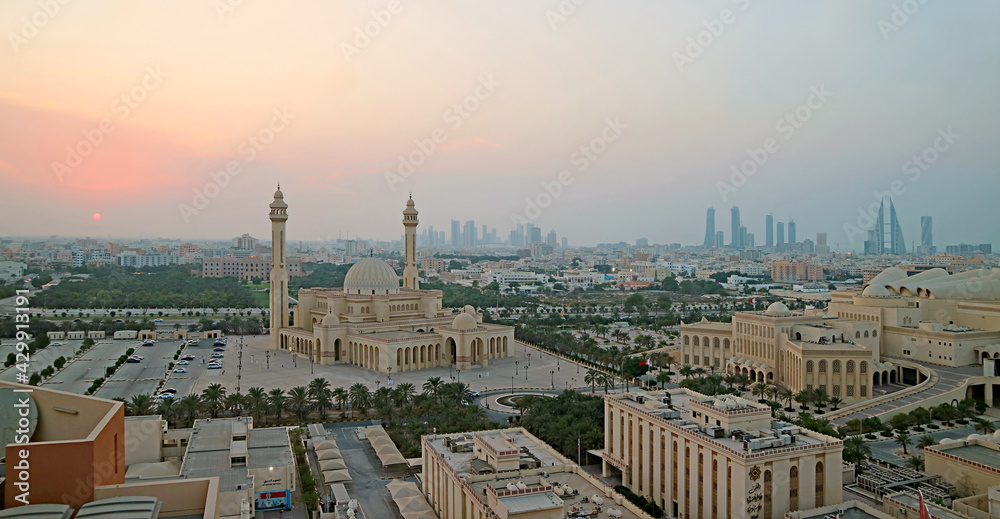 Panoramic Aerial View of the Al Fateh Grand Mosque in Manama of Bahrain During Sunset