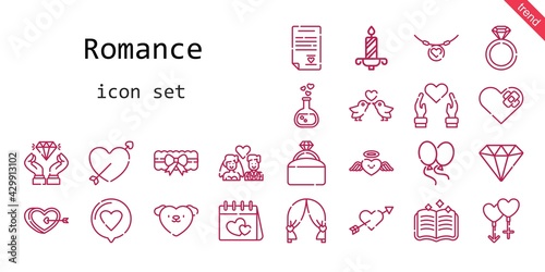 romance icon set. line icon style. romance related icons such as love, couple, engagement ring, balloons, garter, necklace, heart, love potion, cupid, diamond, spellbook,