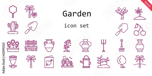 garden icon set. line icon style. garden related icons such as cherry  flowers  bench  tree  shovel  bouquet  vase  palm tree  plant  cactus  garden  rake  watering can  wedding invitation 