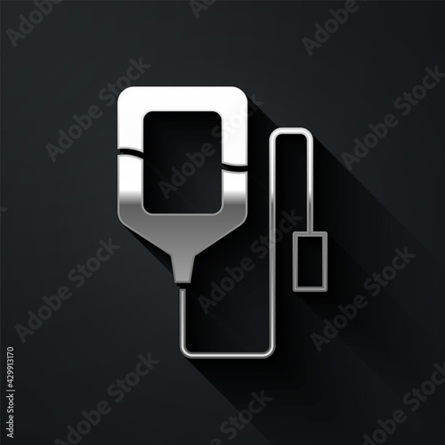 Silver IV bag icon isolated on black background. Blood bag. Donate blood concept. The concept of treatment and therapy, chemotherapy. Long shadow style. Vector