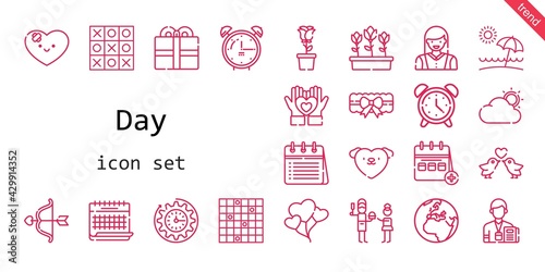 day icon set. line icon style. day related icons such as calendar, love, alarm clock, woman, balloons, garter, father, clock, heart, cloud, journalist, cupid, tulips, love birds, tic tac toe