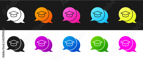 Set Graduation cap in speech bubble icon isolated on black and white background. Graduation hat with tassel icon. Vector