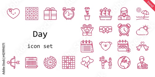 day icon set. line icon style. day related icons such as calendar, love, alarm clock, woman, balloons, garter, father, clock, heart, cloud, journalist, cupid, tulips, love birds, tic 