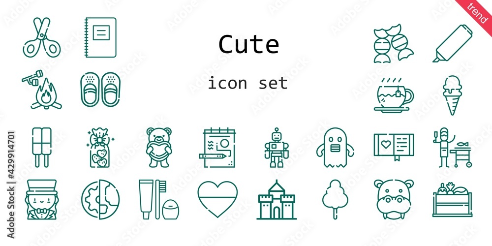 cute icon set. line icon style. cute related icons such as cotton candy, castle, candy, toothbrush, marshmallow, sandals, draw, vegetable, heart, cookies, scissors, hippopotamus, diary, tea cute icon set. line icon style. cute related icons such as cotton candy, castle, candy, toothbrush, marshmallow, sandals, draw, vegetable, heart, cookies, scissors, hippopotamus, diary, tea