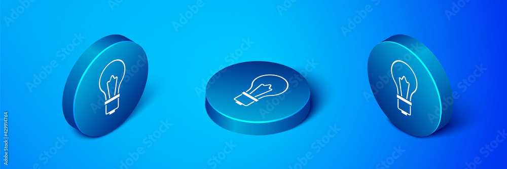 Isometric Light bulb with concept of idea icon isolated on blue background. Energy and idea symbol. Inspiration concept. Blue circle button. Vector Isometric Light bulb with concept of idea icon isolated on blue background. Energy and idea symbol. Inspiration concept. Blue circle button. Vector